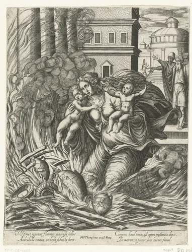 De vrouw van Asdrubal stort zich in de brandende tempel by Unknown, print, 1572-1622