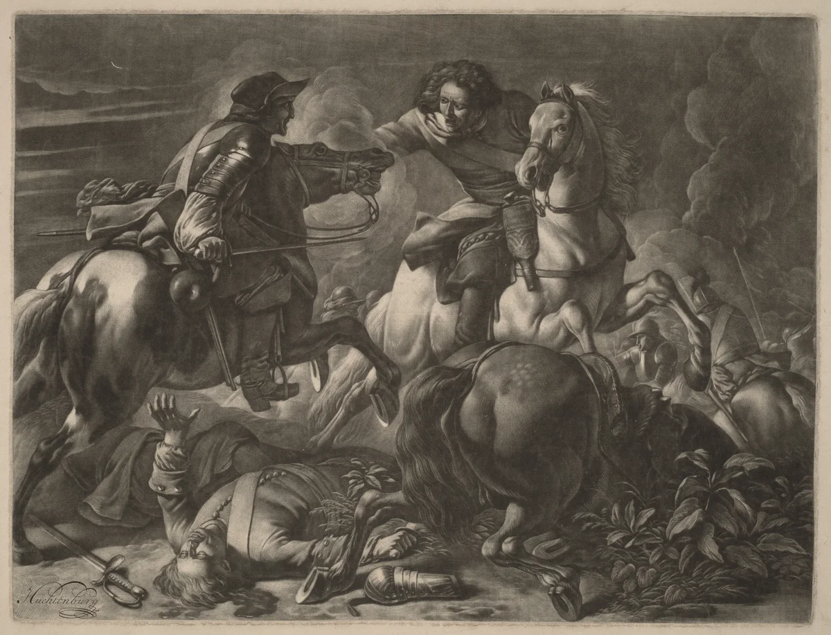 Two Fighting Horsemen by Jan van Huchtenburgh, print, 1647-1733