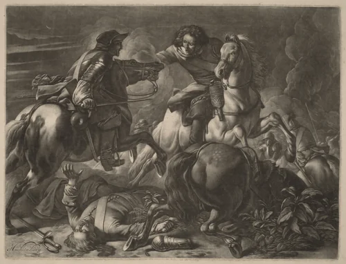 Two Fighting Horsemen by Jan van Huchtenburgh, print, 1647-1733