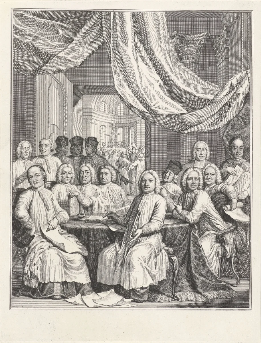 Gezelschap van geestelijken rond een tafel by Jacob Folkema, print, 1735-1767
