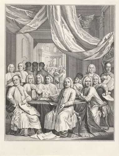 Gezelschap van geestelijken rond een tafel by Jacob Folkema, print, 1735-1767