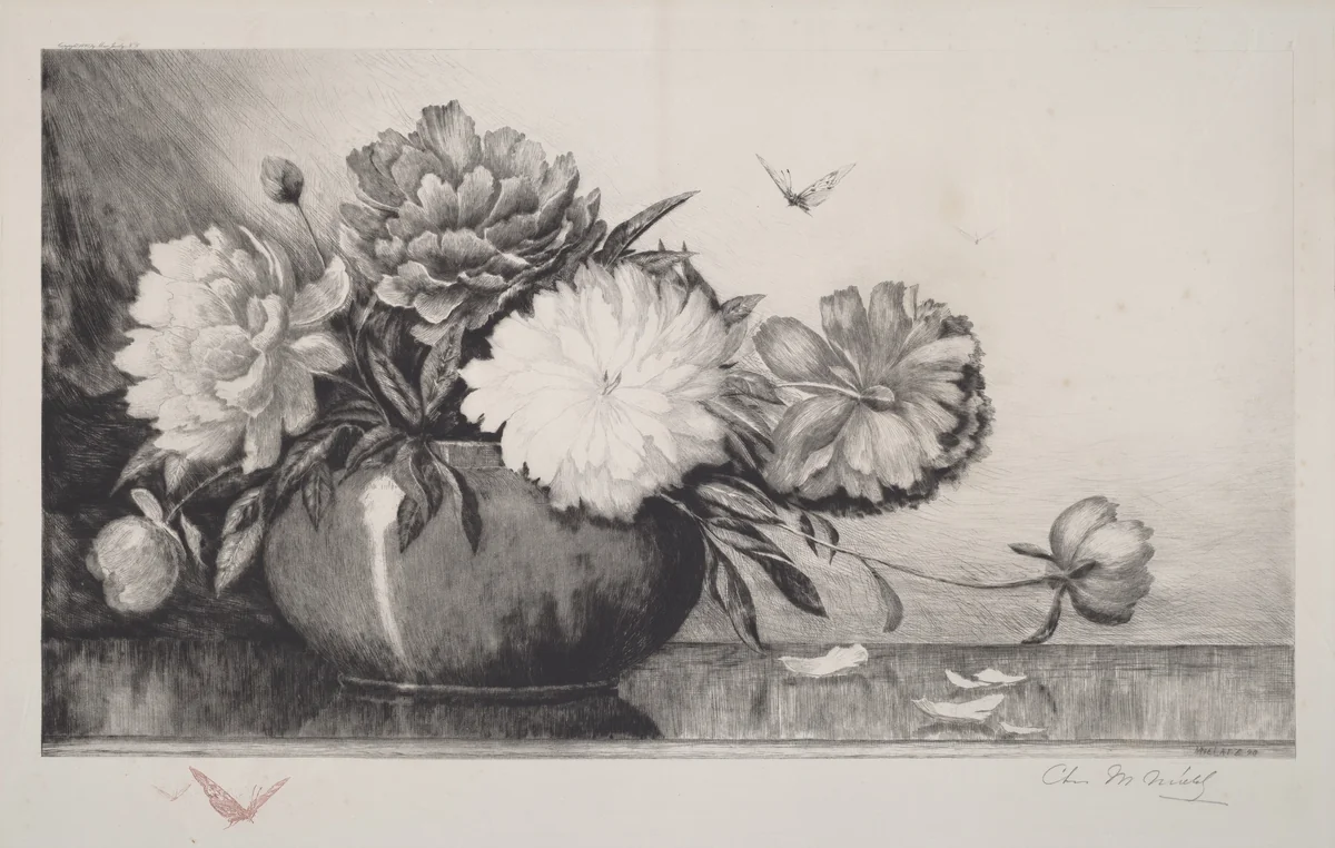 Untitled (Peonies in a Bowl) by Charles Frederick William Mielatz, print, 1890