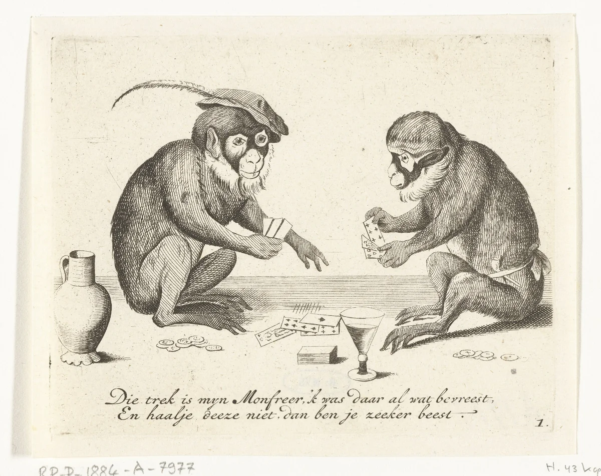 Twee apen kaarten by anonymous, print, 1635-1724