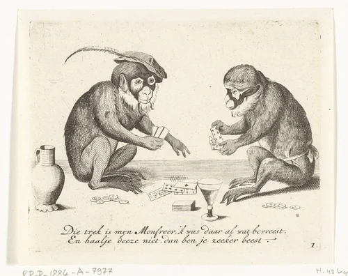 Twee apen kaarten by anonymous, print, 1635-1724