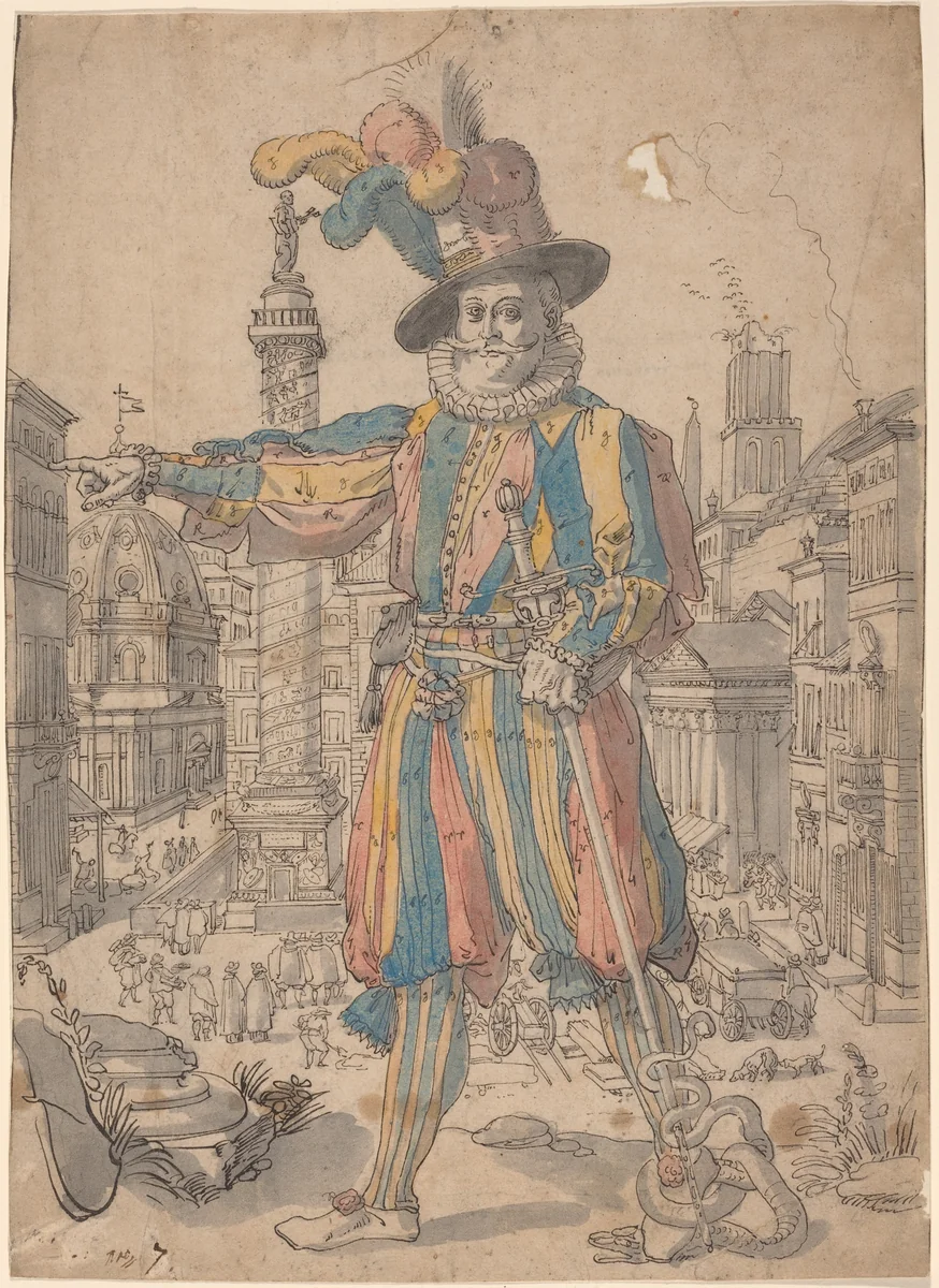 Giovanni Grosso of the Swiss Guards Standing before a View of Rome by Francesco Villamena, drawing, 1600-1699
