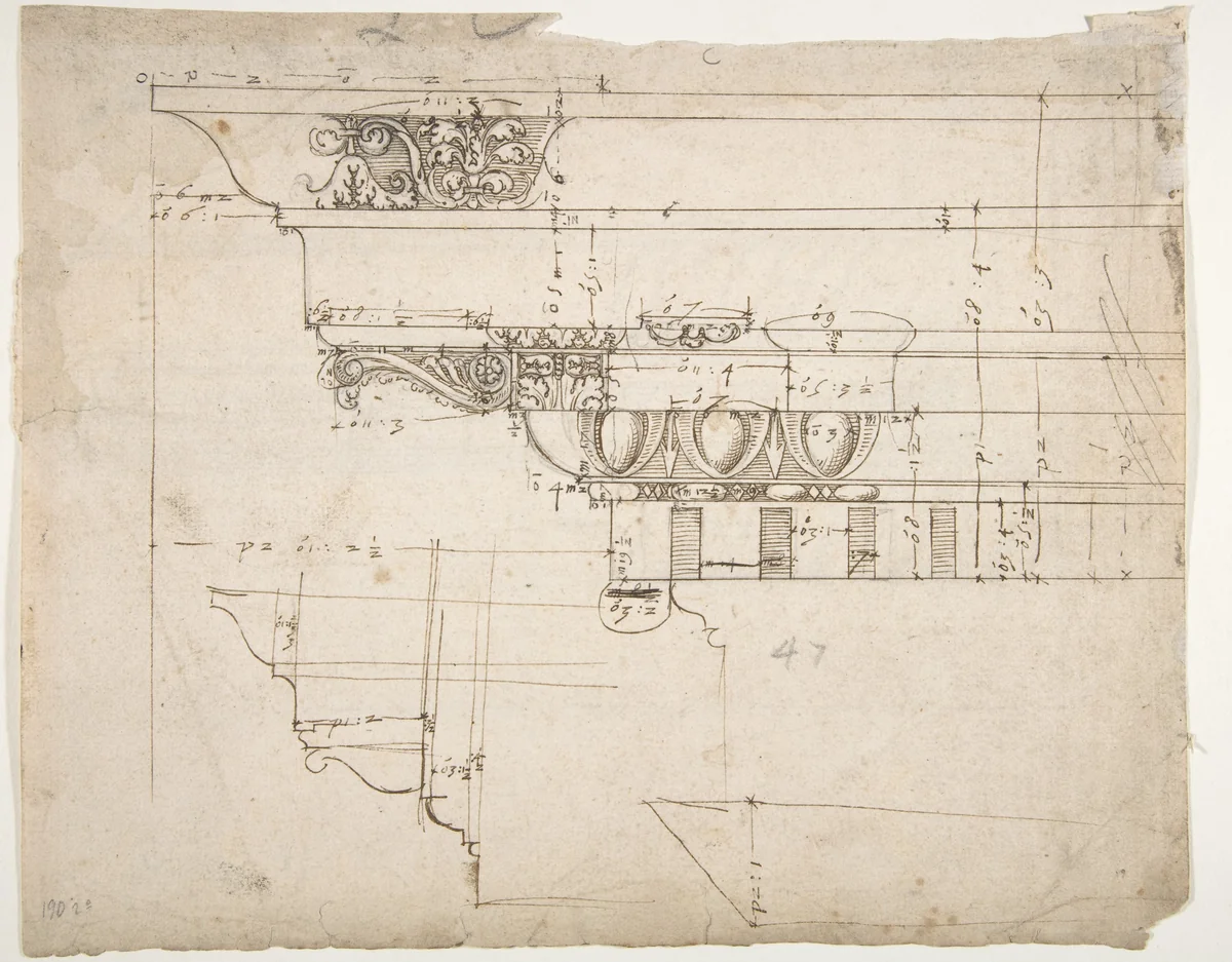 Arco dei Pantani, Forum of Augustus, cornice, elevation; schematic elevation (recto) Temple of Apollo Sosiano, column base, elevation (verso) by anonymous, drawing, 1500-1560