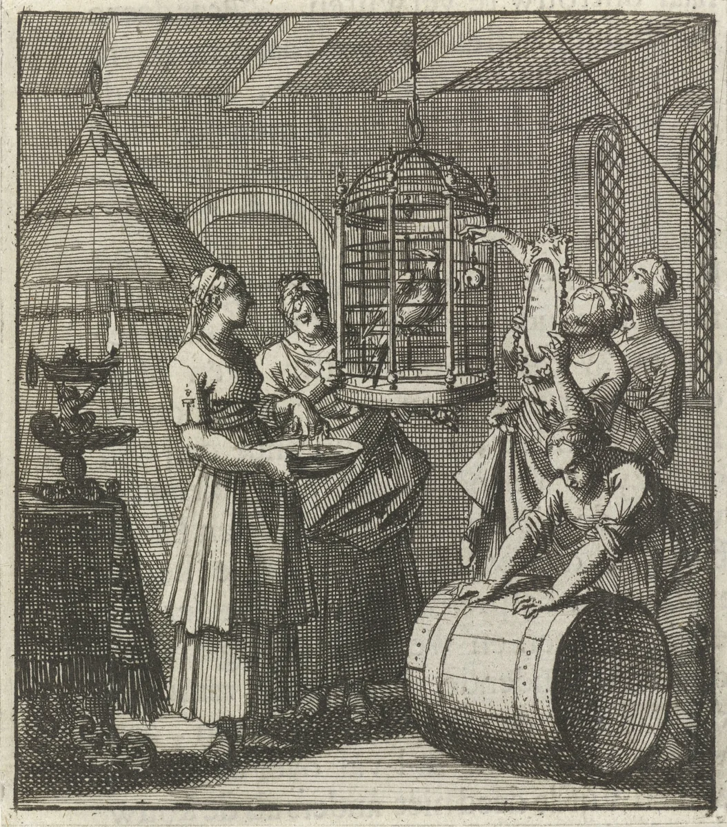 Vijf dienstmaagden bekijken een ekster in een kooi by Jan Luyken, print, 1693