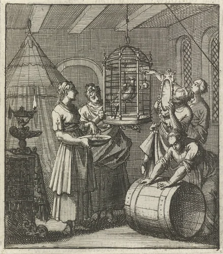 Vijf dienstmaagden bekijken een ekster in een kooi by Jan Luyken, print, 1693