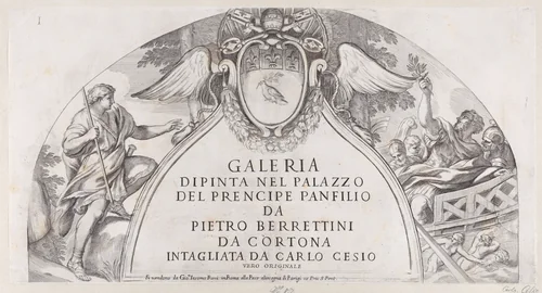 Title page to "Galleria Dipinta nel Palazzo del Prencipe Panfilio" after the ceiling frescoes by Pietro da Cortona depicting the history of Aeneas in the Palazzo Pamphili, Rome by Carlo Cesi, print, 1658-1664
