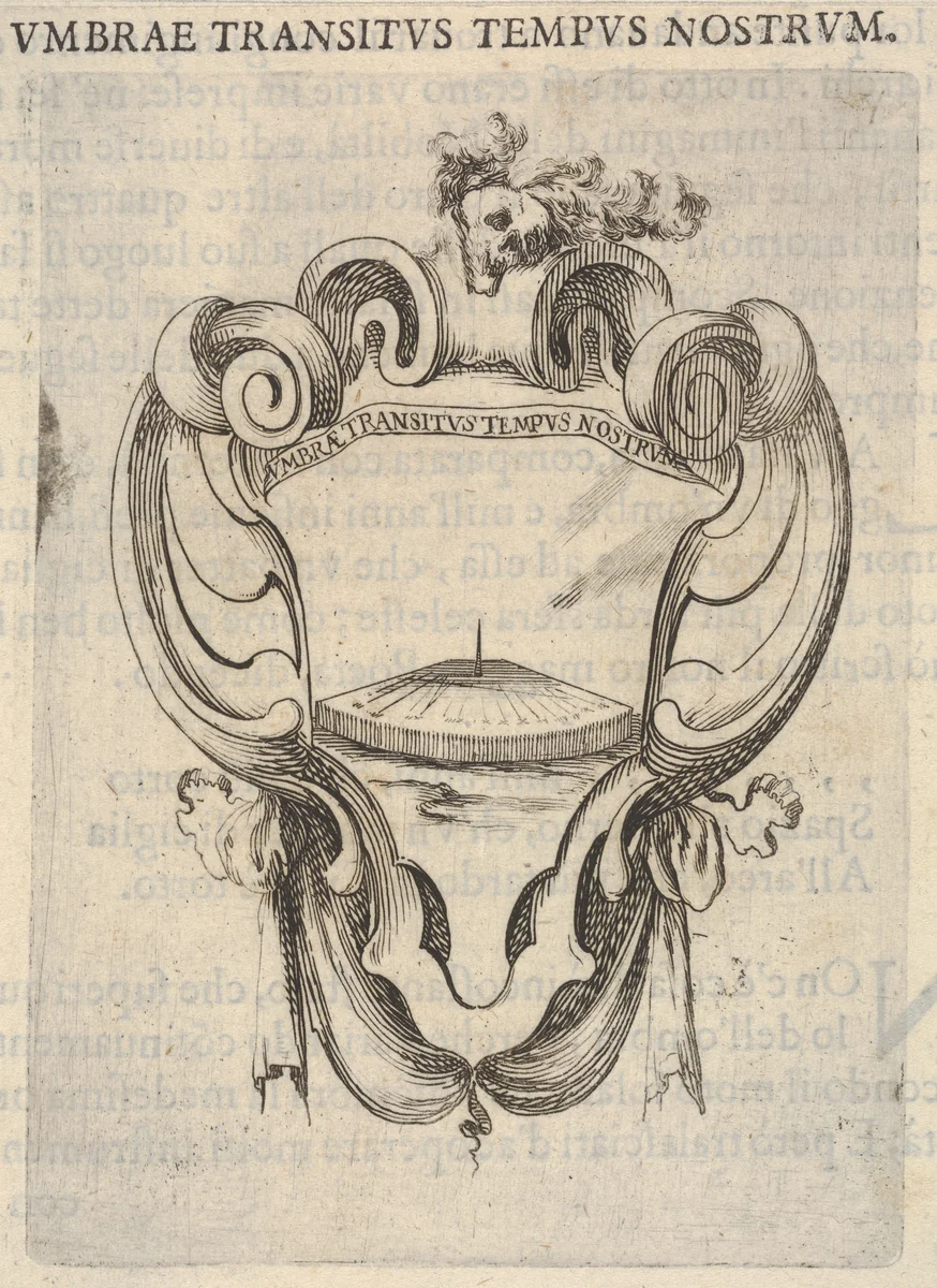 A cartouche with a sundial, a skull with feathers on its head at top, from "Eight Emblems for the Funeral of Francesco de Medici" (Huit emblèmes pour les funérailles du prince François de Médicis) by Stefano della Bella, print, 1640-1660