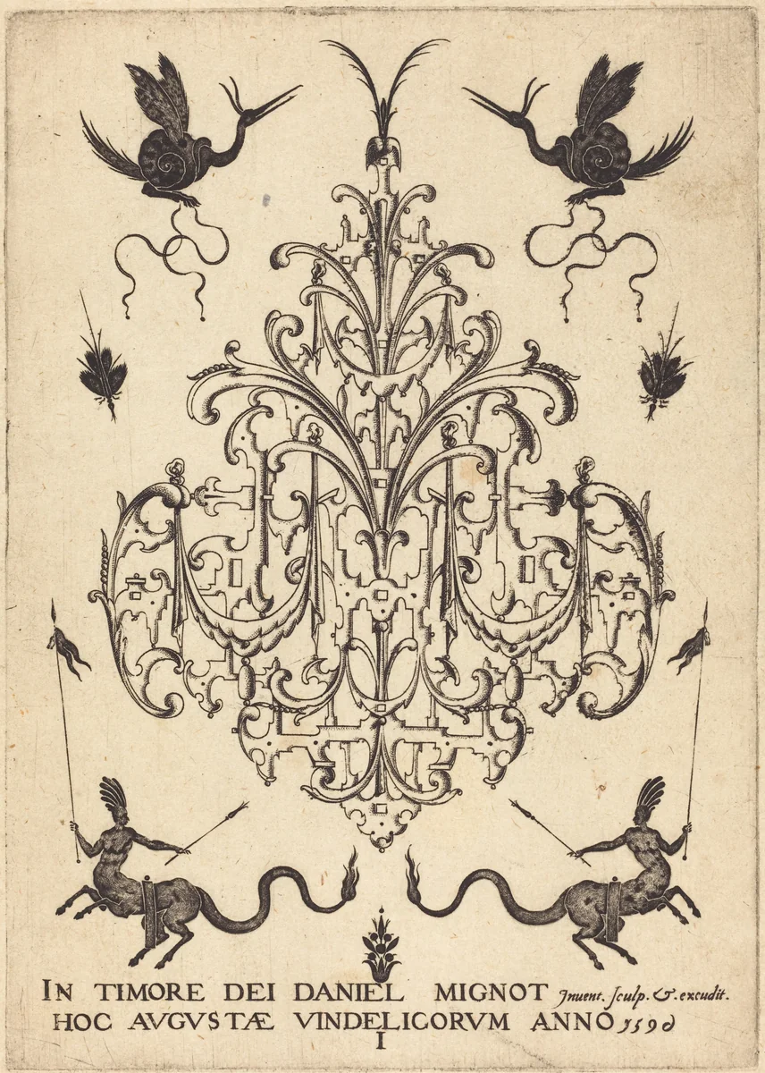 Title-Page: Brooch, Snail-like Animals Above, Centaurs with Banners at Bottom by Daniel Mignot, print, 1596