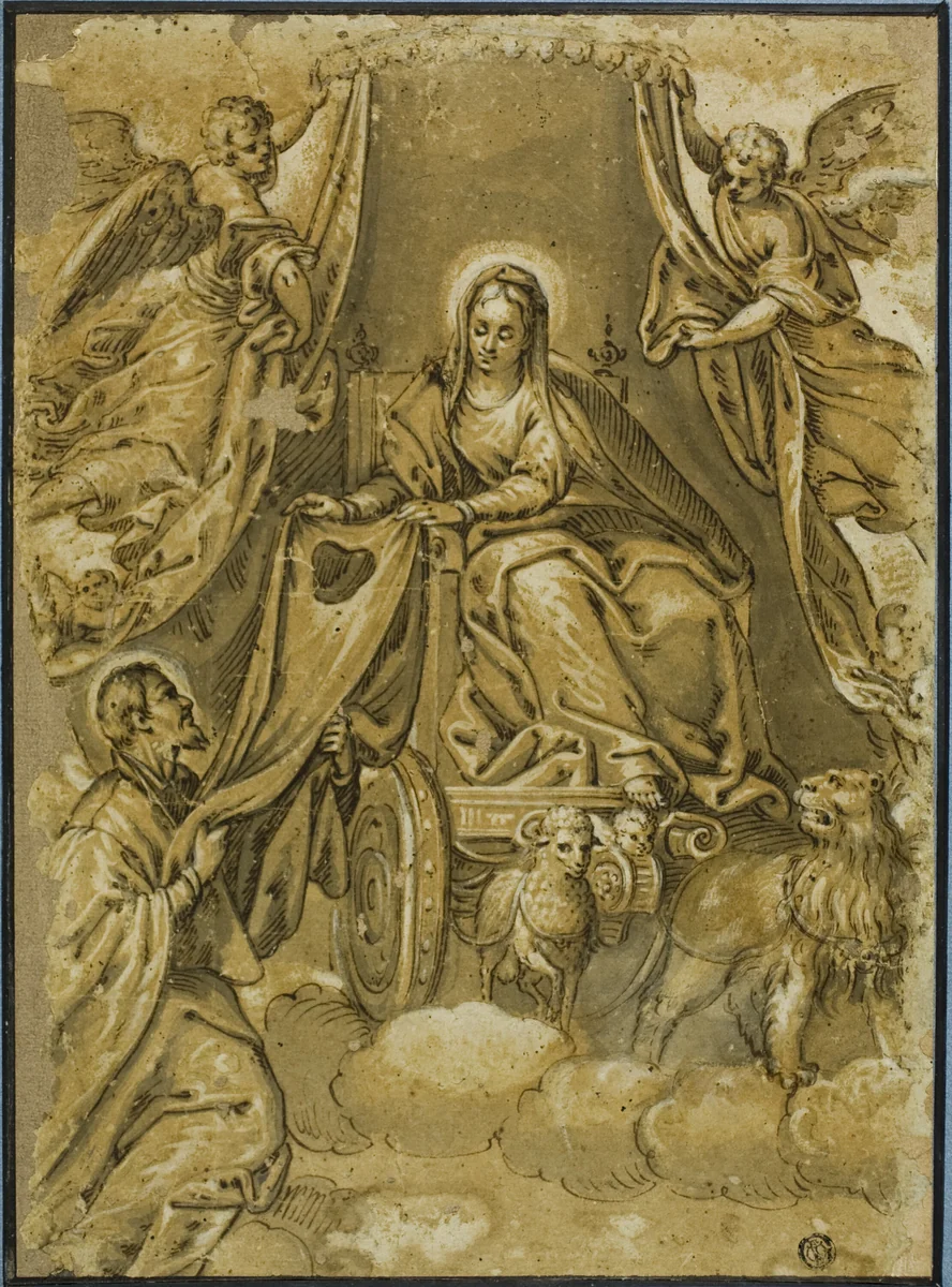 Virgin Mary Handing Scapular to Saint Simon Stock by Paolo Veronese, drawing, 1550-1600