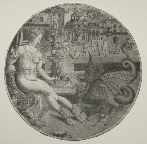 Naked Woman and a Dragon by Allaert Claesz, print, 1523