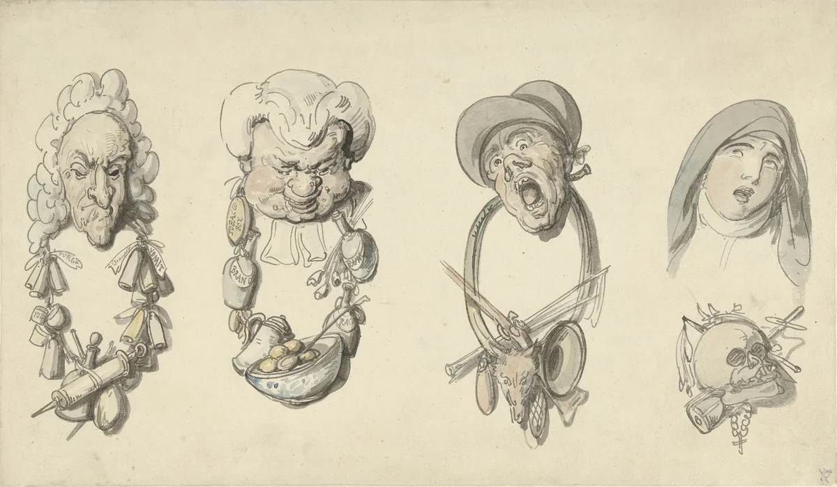 Vier karikaturale koppen by Thomas Rowlandson, drawing, 1795-1800