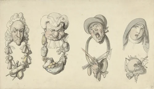 Vier karikaturale koppen by Thomas Rowlandson, drawing, 1795-1800
