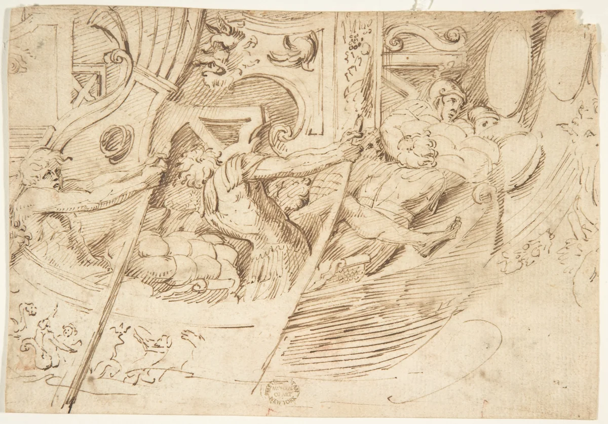 Ancient Naval Battle (recto); Park with Monuments (verso) by anonymous, drawing, 1600-1699