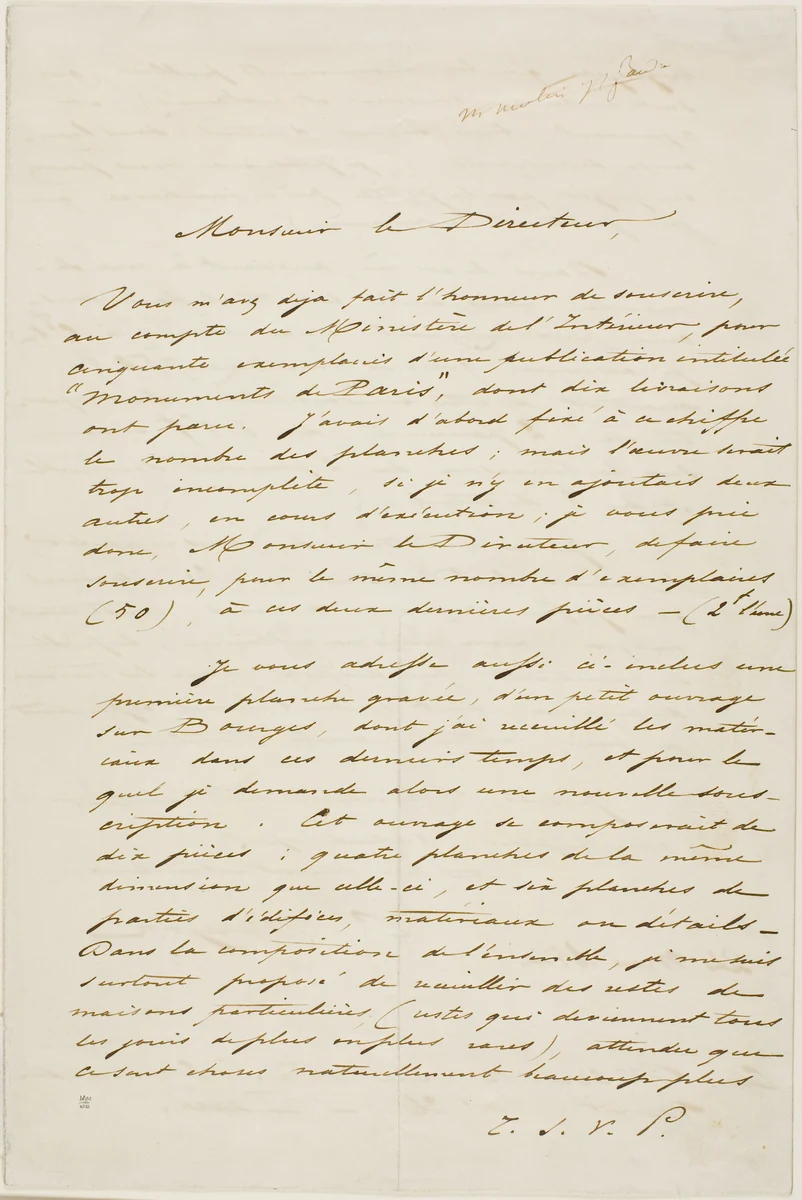 Charles Meryon Autographed Letter by Charles Meryon, drawing, 1854