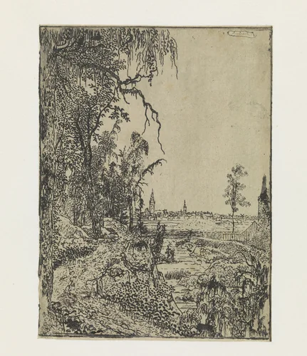 A Road Bordered by Trees, a Cityin the Background by Hercules Segers, print, 1622-1625