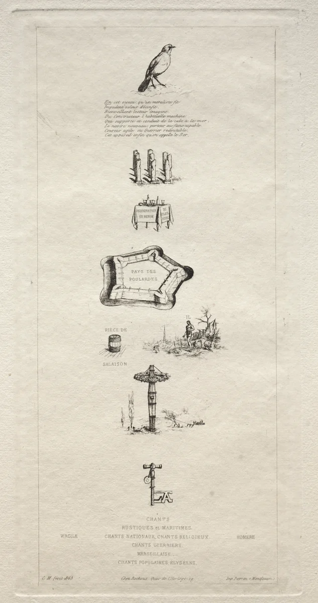 Rebus: "Beranger was not really strong for he never had the key to the fields" by Charles Meryon, print, 1863