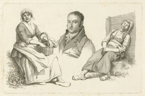 Portret van Daniel Vrijdag tussen twee boerinnen by Jacob Ernst Marcus, print, 1812
