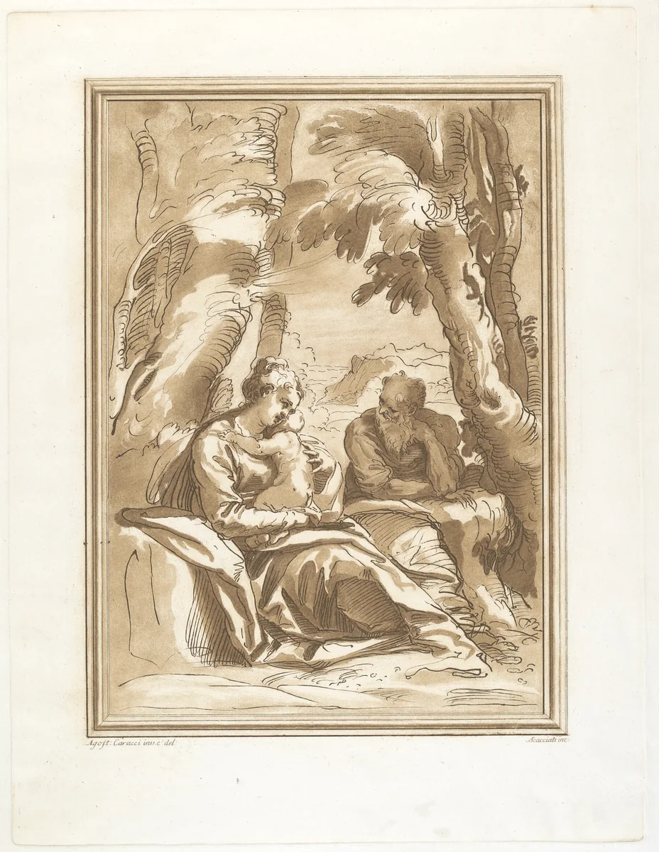 Rest on the Flight into Egypt by Andrea Scacciati; Agostino Carracci, print, 1761-1771