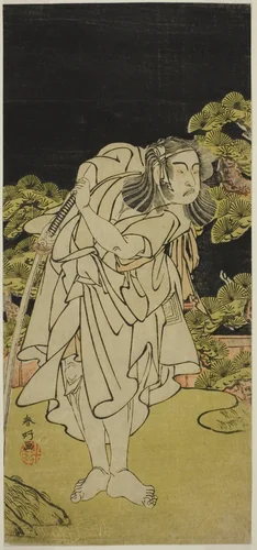 The Actor Ichikawa Yaozo II as Soga no Dozaburo (?) in the Play Kamuri Kotoba Soga no Yukari (?), Performed at the Ichimura Theater (?) in the First Month, 1776 (?) by Katsukawa Shunko, print, 1771-1781