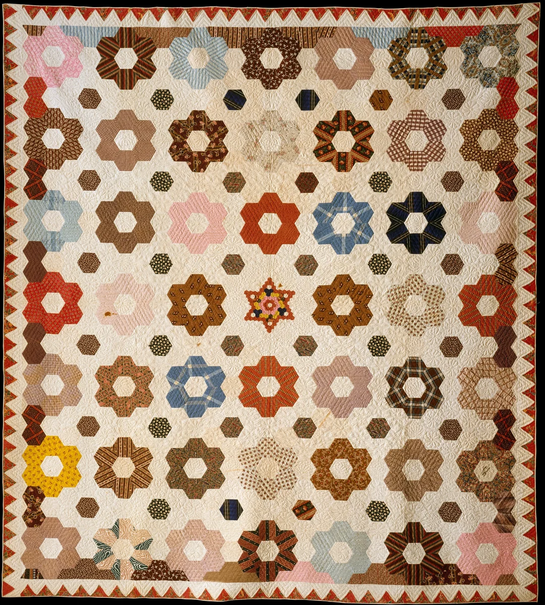 Quilt, Hexagon or Honeycomb pattern by Rebecca Davis, artwork, 1846