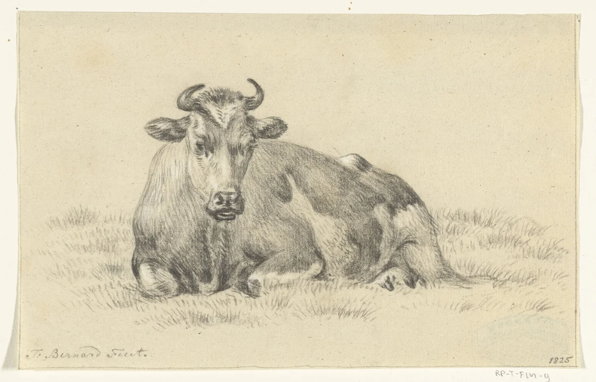 Liggende koe, naar links by Jean Bernard, drawing, 1825