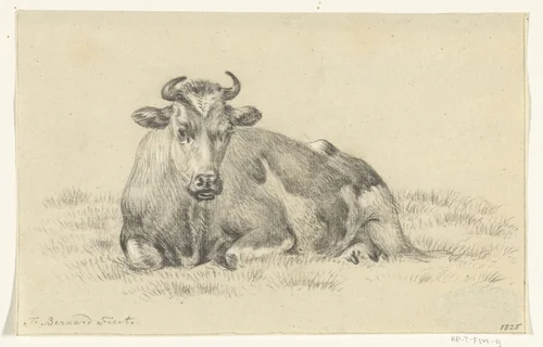Liggende koe, naar links by Jean Bernard, drawing, 1825