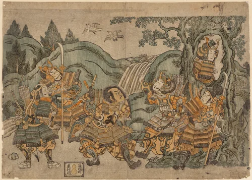 Minamoto no Yoritomo Hiding in a Tree by Torii Kiyoshige, print, 1753-1763