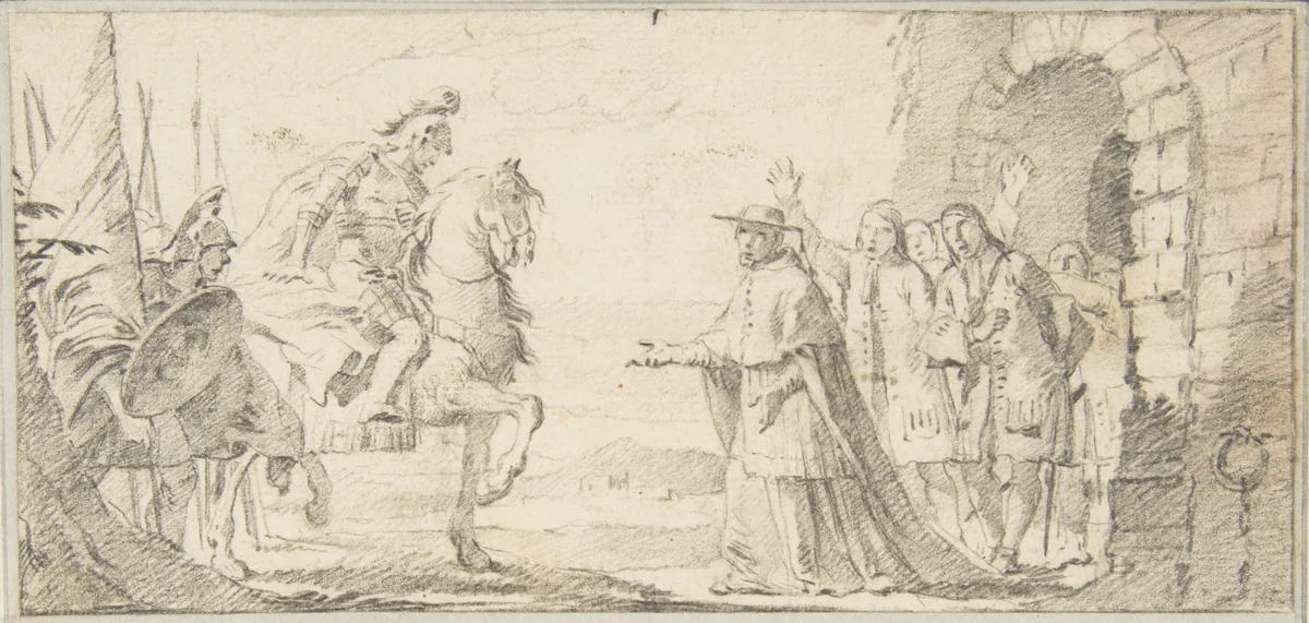 Illustration for a Book: Cardinal Receiving a General at a City Gate by Giovanni Battista Tiepolo, drawing, 1696-1770