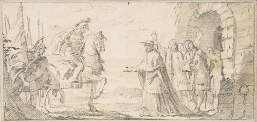 Illustration for a Book: Cardinal Receiving a General at a City Gate by Giovanni Battista Tiepolo, drawing, 1696-1770