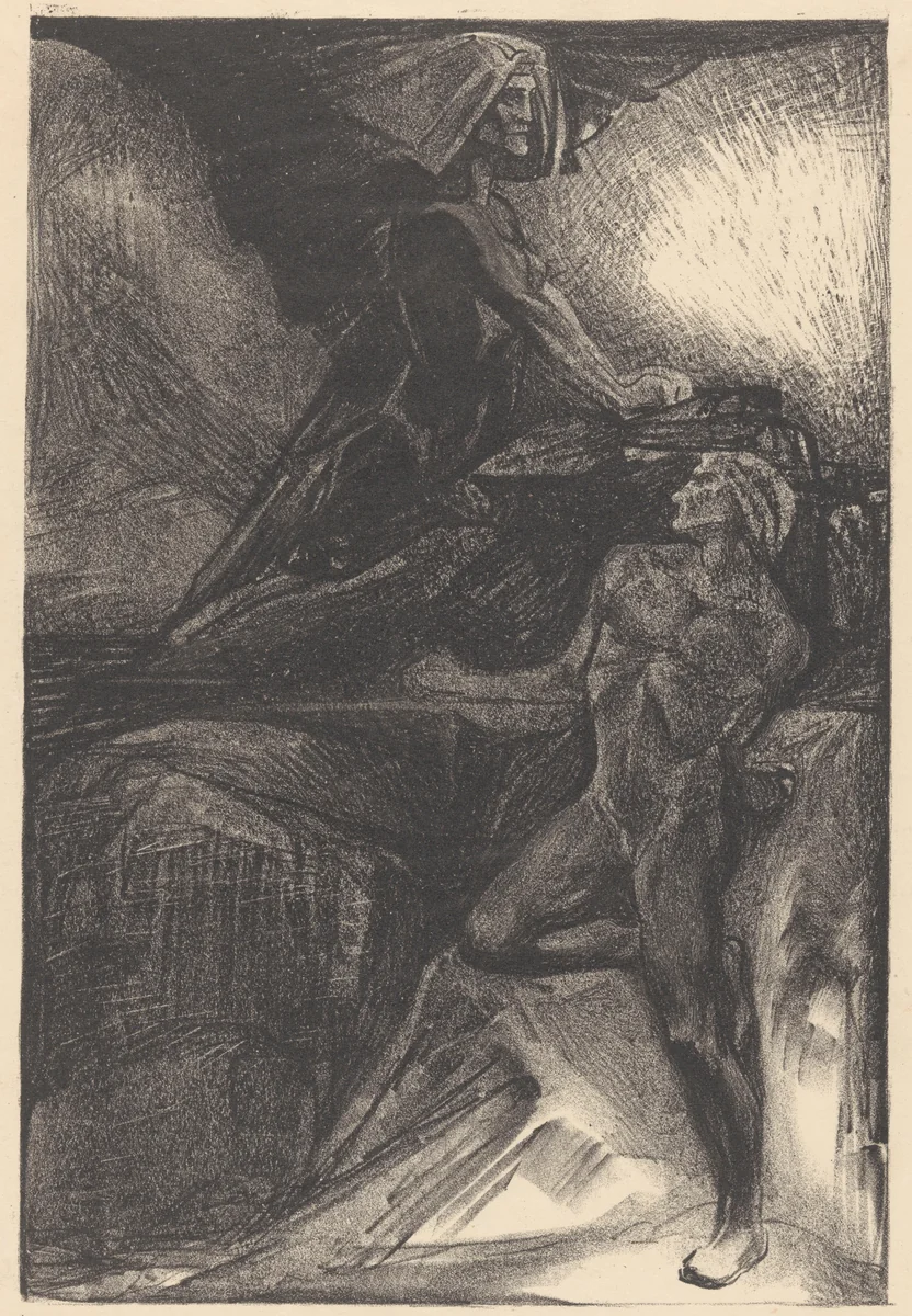 Staande man en zittende sfinx by Johannes Josephus Aarts, print, 1881-1934