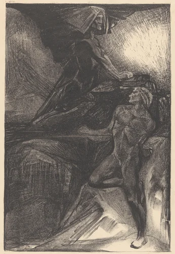 Staande man en zittende sfinx by Johannes Josephus Aarts, print, 1881-1934