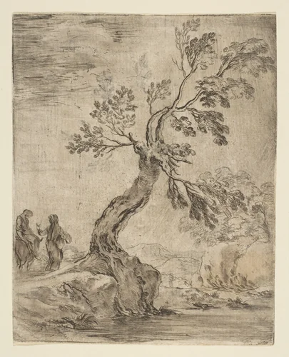 Landscape with two women, one mounted on a donkey by Stefano della Bella, print, 1655-1665