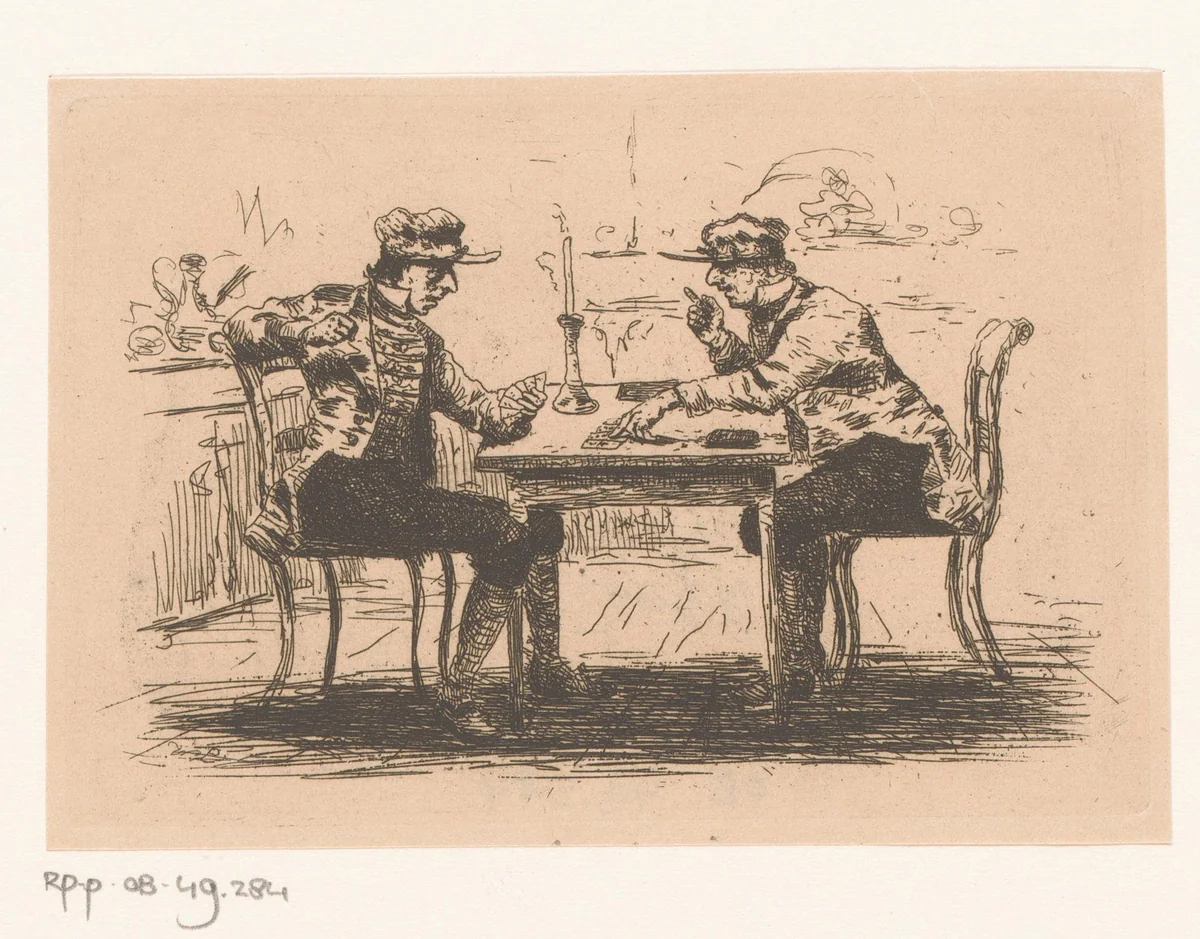 Twee kaartspelende mannen by Willem Linnig, print, 1829-1885