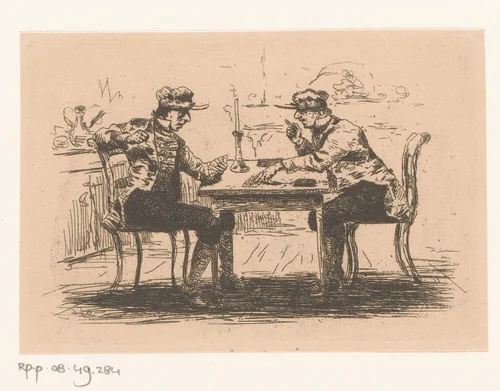 Twee kaartspelende mannen by Willem Linnig, print, 1829-1885