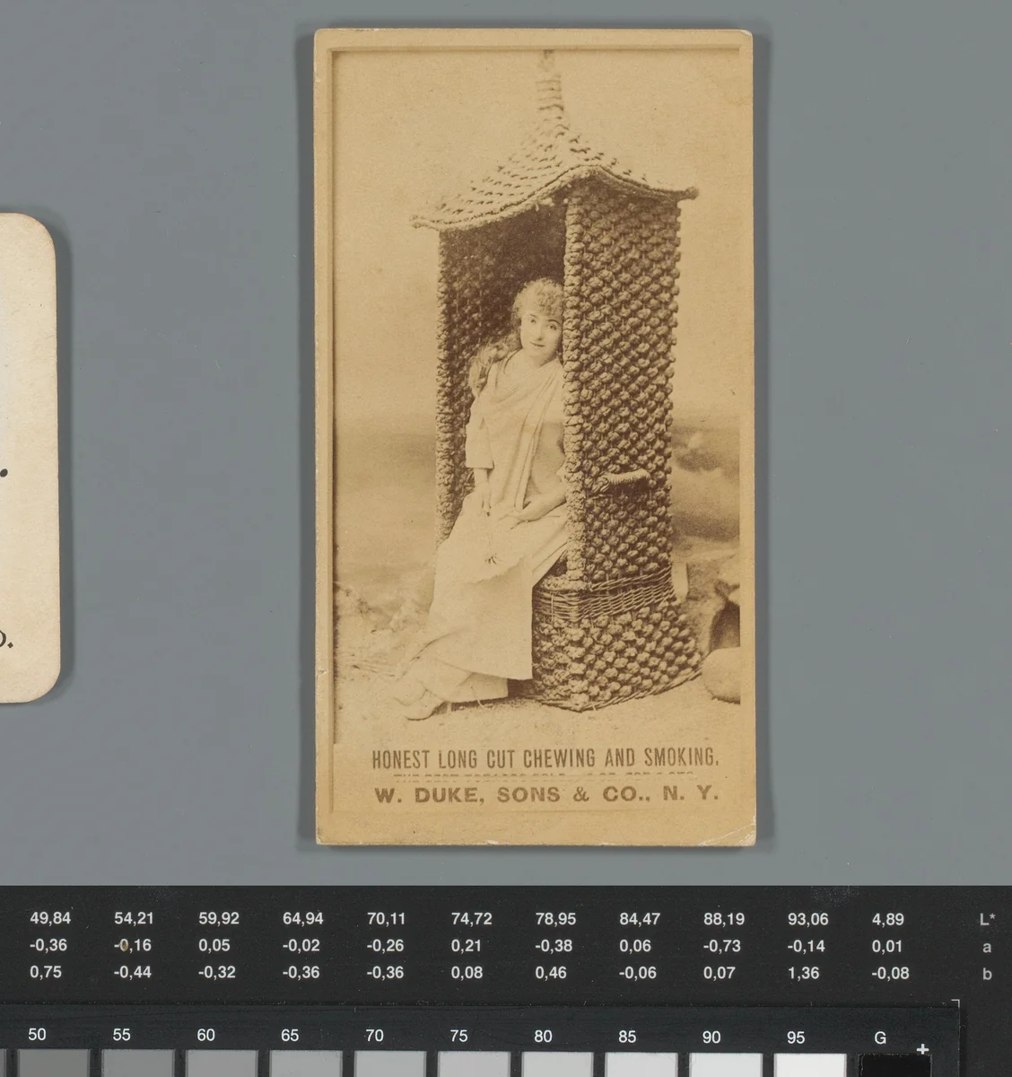 Reclame voor tabak van W. Duke, Sons & Co., New York, met portret van een onbekende vrouw in een gevlochten strandstoel by anonymous, photograph, 1850-1915