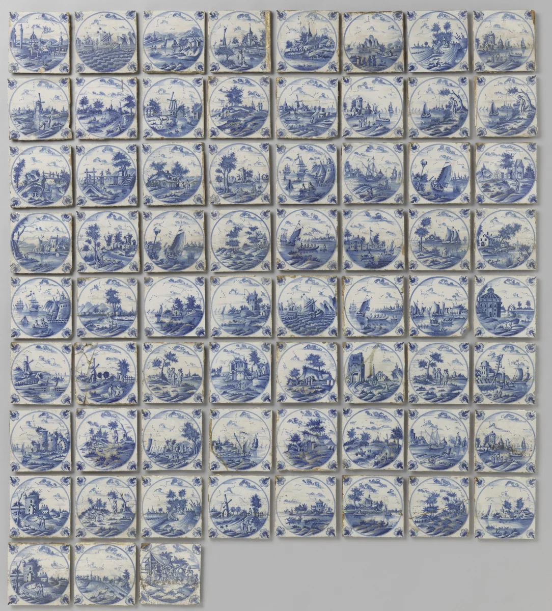 Veld van zevenenzestig tegels met landschappen by anonymous, ceramic, 1740-1800