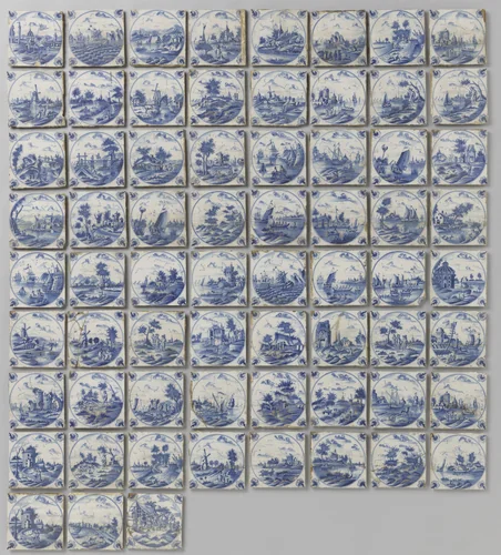 Veld van zevenenzestig tegels met landschappen by anonymous, ceramic, 1740-1800