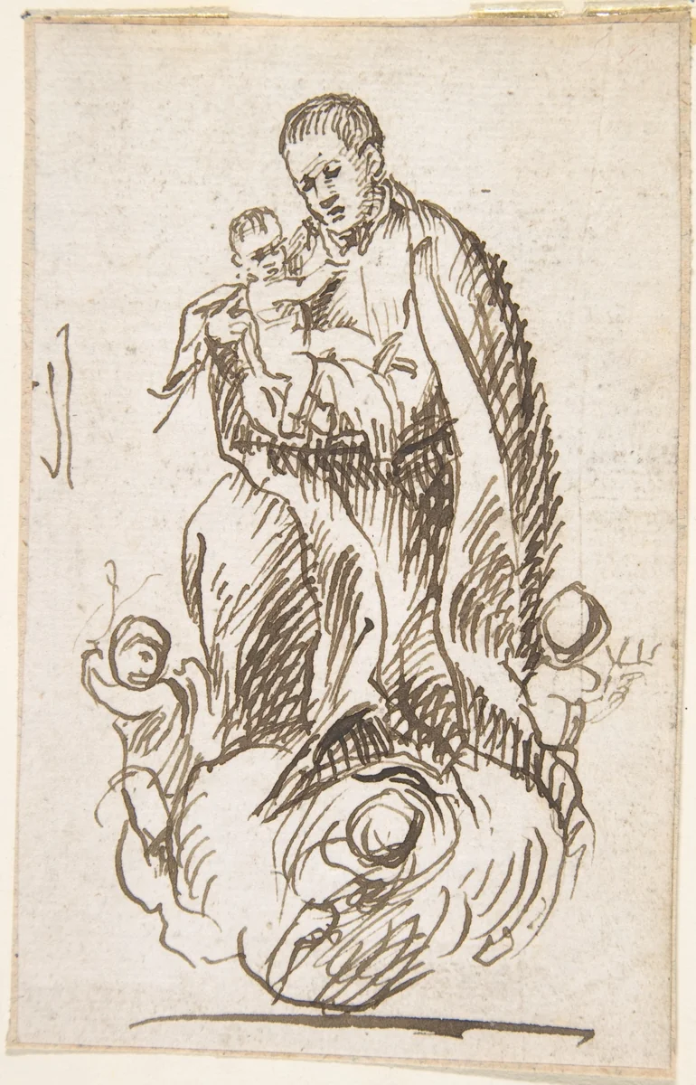 Male Saint (Stanisław Kostka?) standing on clouds supported by putti, holding infant Christ by Pedro Duque Cornejo, drawing, 1726-1736