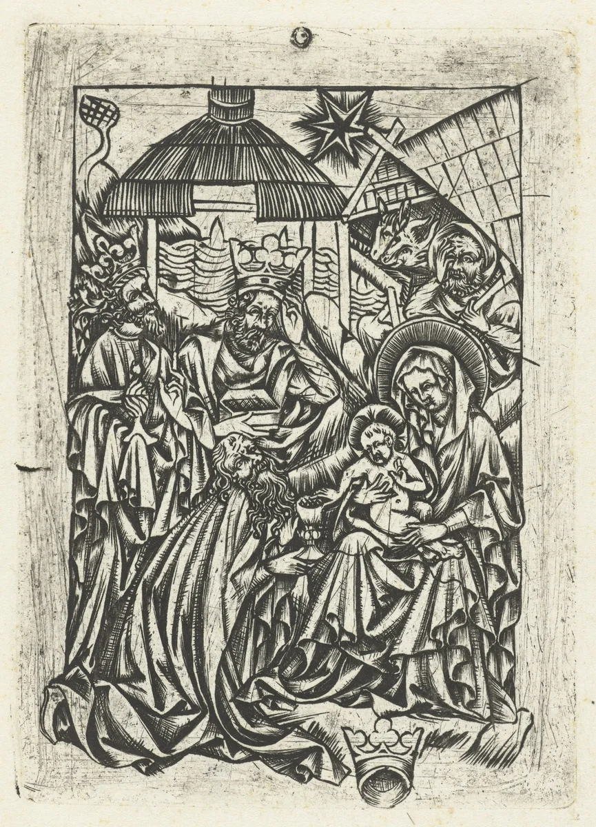 Aanbidding der koningen by anonymous, print, 1400-1500
