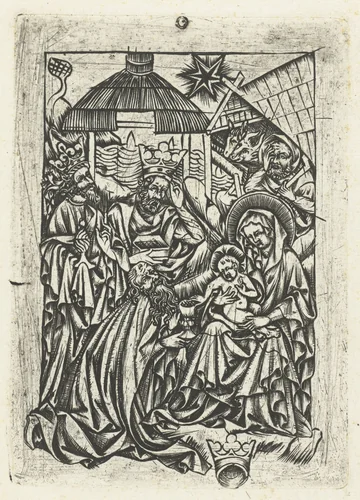 Aanbidding der koningen by anonymous, print, 1400-1500