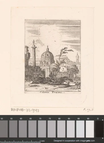 Gezicht op Rome met de zuil van Trajanus by Israël Silvestre, print, 1631-1661