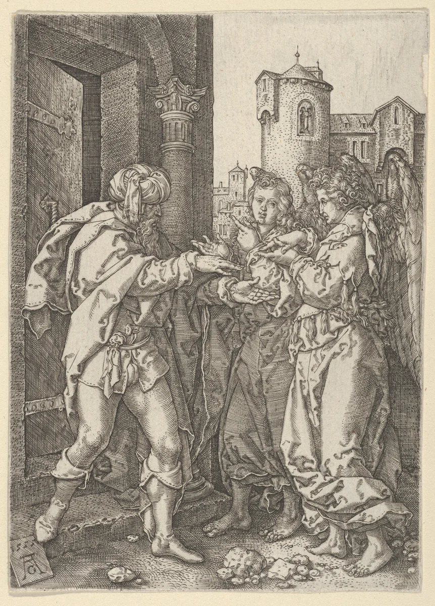 Lot Welcomes the Angels, from The Story of Lot by Heinrich Aldegrever, print, 1555