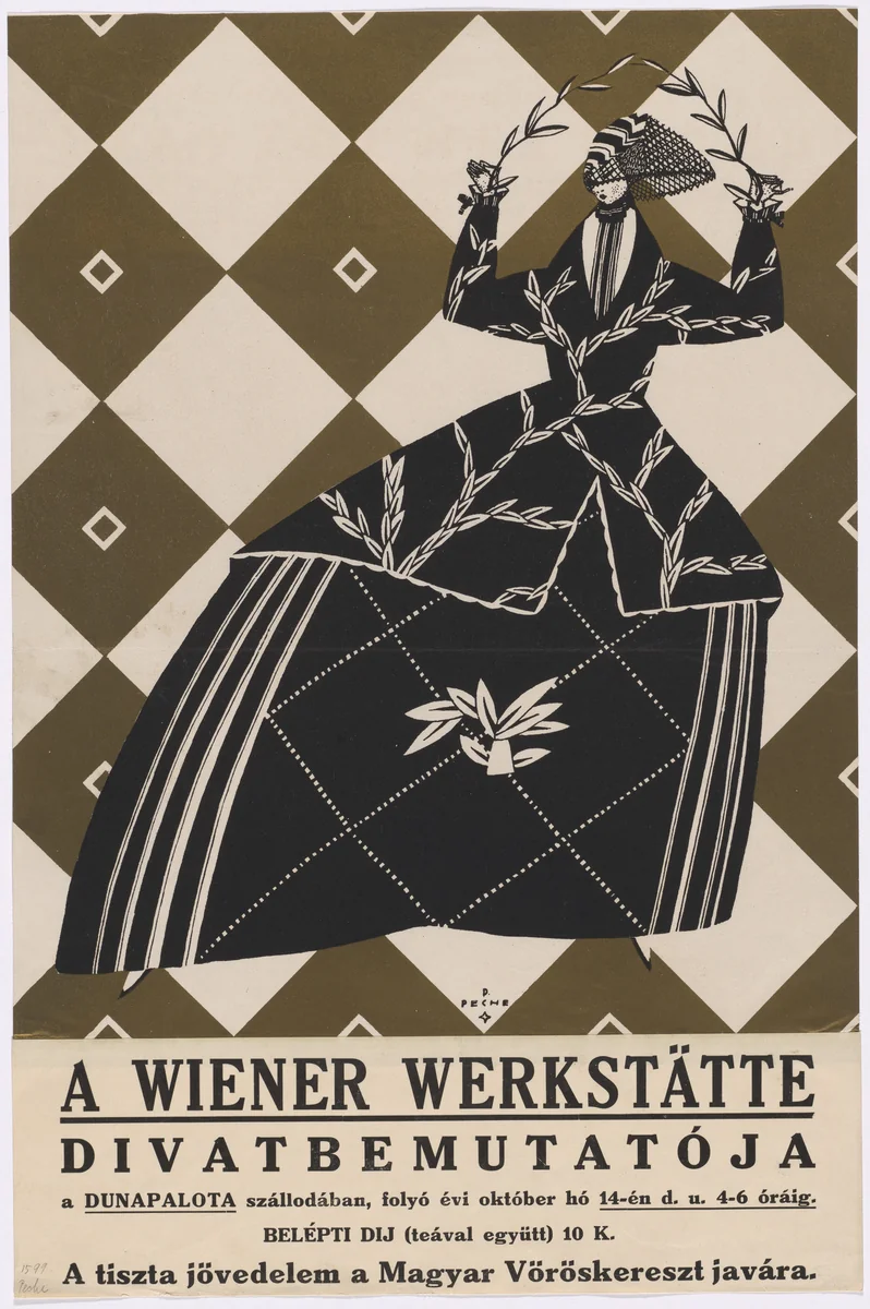 Poster for a Wiener Werkstätte Fashion Show (Divatbemutatója) benefiting the Hungarian Red Cross by Dagobert Peche, design, 1919