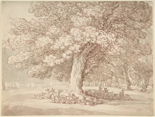 Herd of deer under an oak tree by Thomas Rowlandson, drawing, 1775-1827