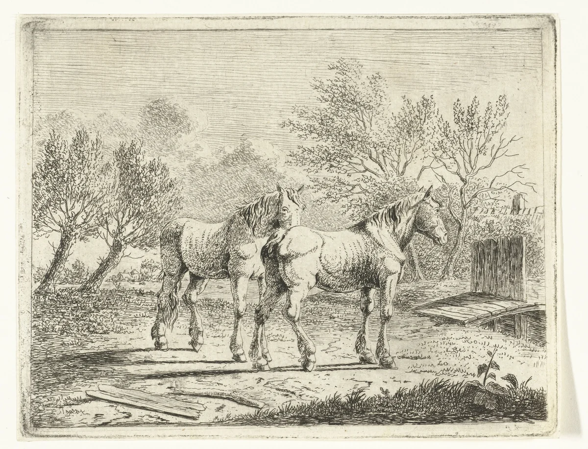 Weidelandschap met twee paarden bij bruggetje en boerderij by Cornelis Bisschop, print, 1777-1828