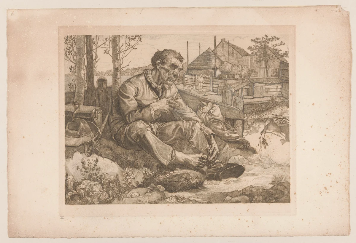 Rustende man bij boerderij by Johannes Josephus Aarts, print, 1881-1934