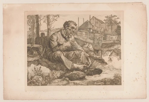Rustende man bij boerderij by Johannes Josephus Aarts, print, 1881-1934